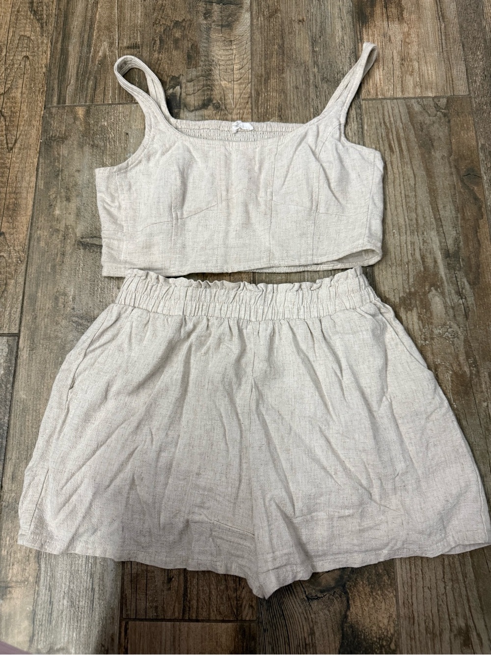 Vintage Blu Pepper Light Beige High-Waist Linen-Look Shorts Set